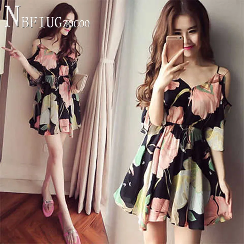 

2020 Plus Size Expose Shoulder Women Dress Floral Female Chiffon Dresses