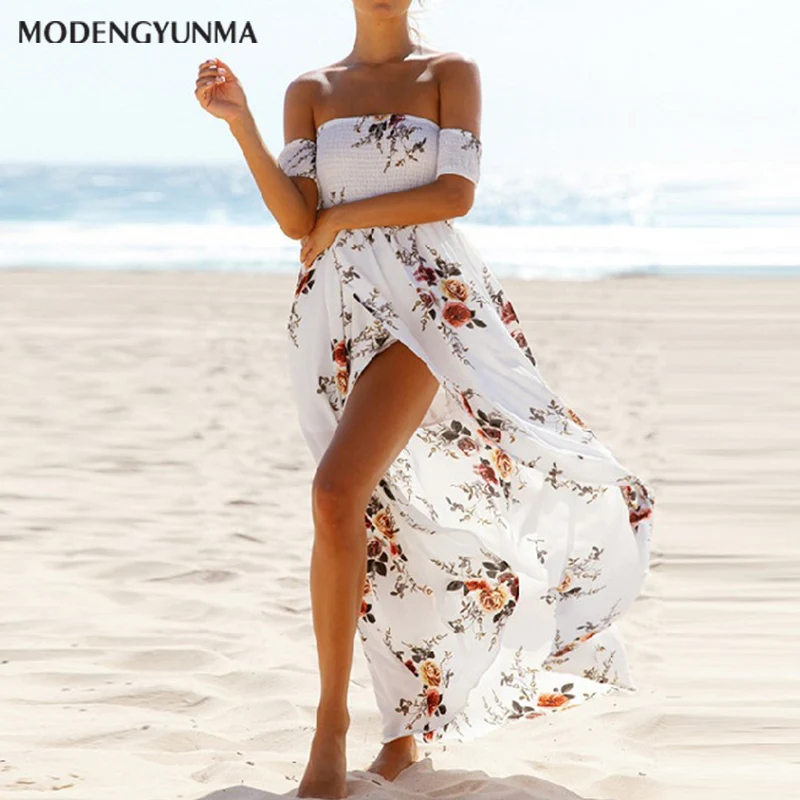 Женское длинное пляжное платье с открытыми плечами винтажное Шифоновое Платье