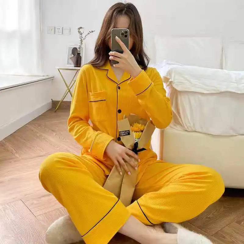 

New Ladies Pajamas Sets Cotton Autumn 2 Pieces Set Long Sleeve Top + Pants Elastic Waist Homewear Turn-down Collar Casual Pyjama