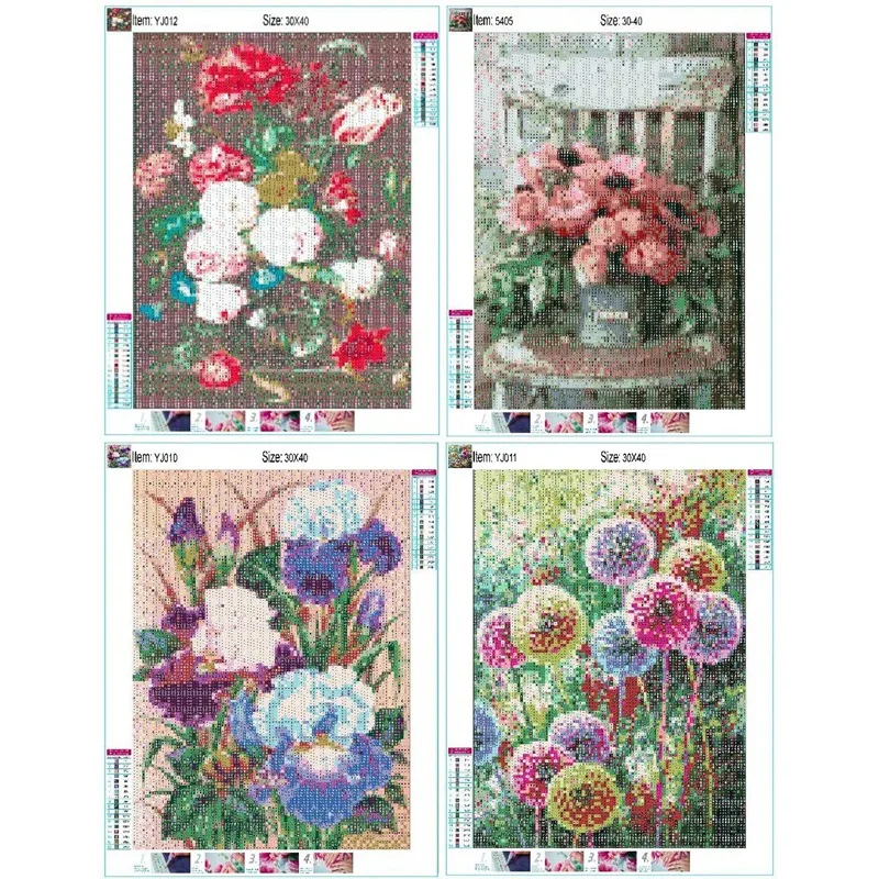 

4 Pack DIY 5D Diamond Painting Kits for Adults, Full Round Drill Embroidery Paints Pictures Arts Craft Wall Decor Flower