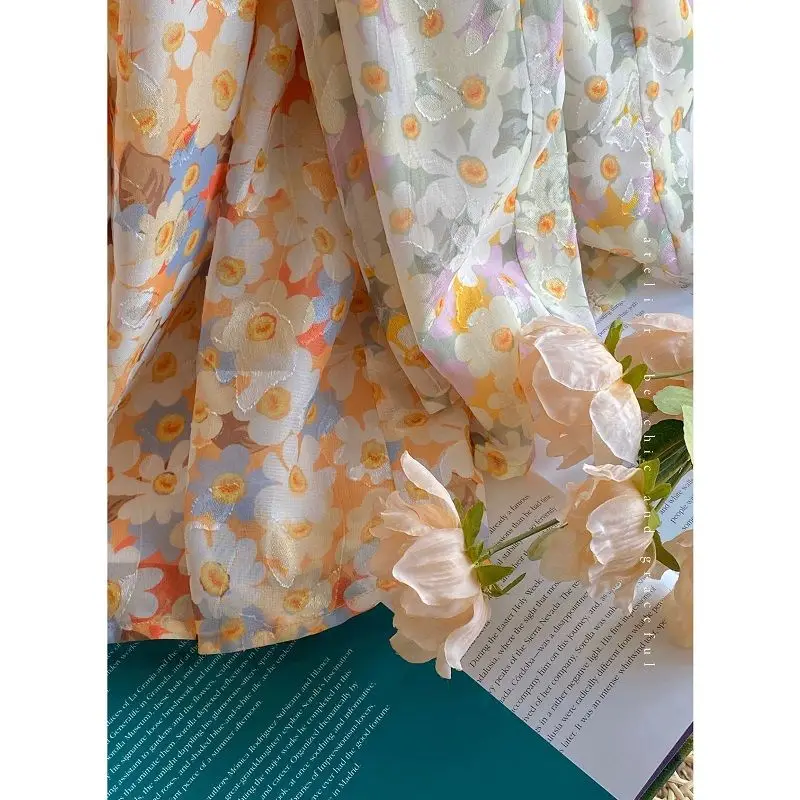 

Print Flowers Short Sleeve Dress 2021 Spring New Korean Mid Long Style Waist Down Slim Skirt Fashion Flash Kawaii