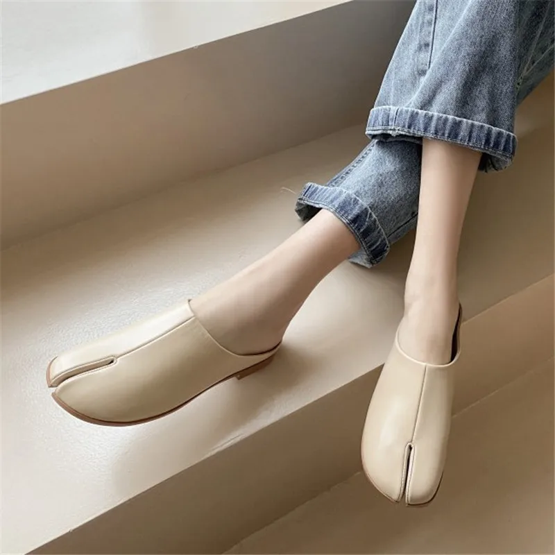 PXELENA Ins Luxury Split Toe Slides Women Full Genuine Leather Pig Feet Summer Slippers Flat Comfort Tabi Ninja Shoes Lady Mules | Обувь