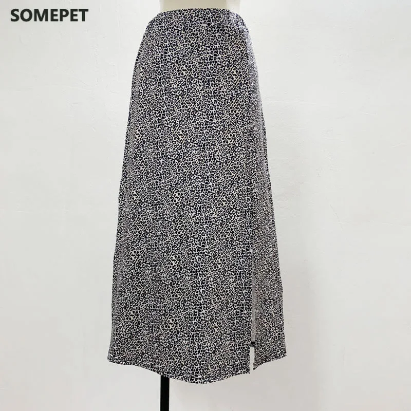 

Fashion Split A-Line Skirt Women Leopard Print High Waist Skirts Female Summer Streetwear Sexy Midi Skirt Ladies Bottoms