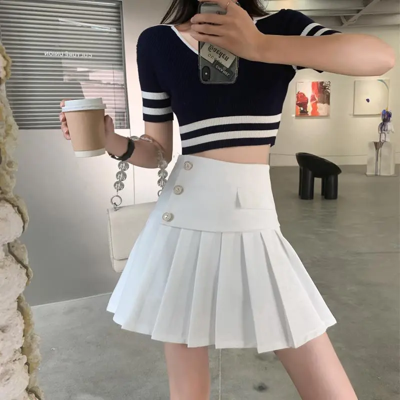 

2021 Korean New Summer Autumn College Style Pleated Skirt Women A-line Skirt Casual Pleated Lady Skirt Women