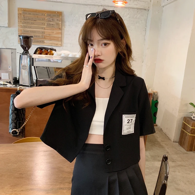 

New Short Coats Women Summer Korean Style Turn Down Collar Fashion Button Solid Color Short Sleeve Thin Tops Casual Women's Top