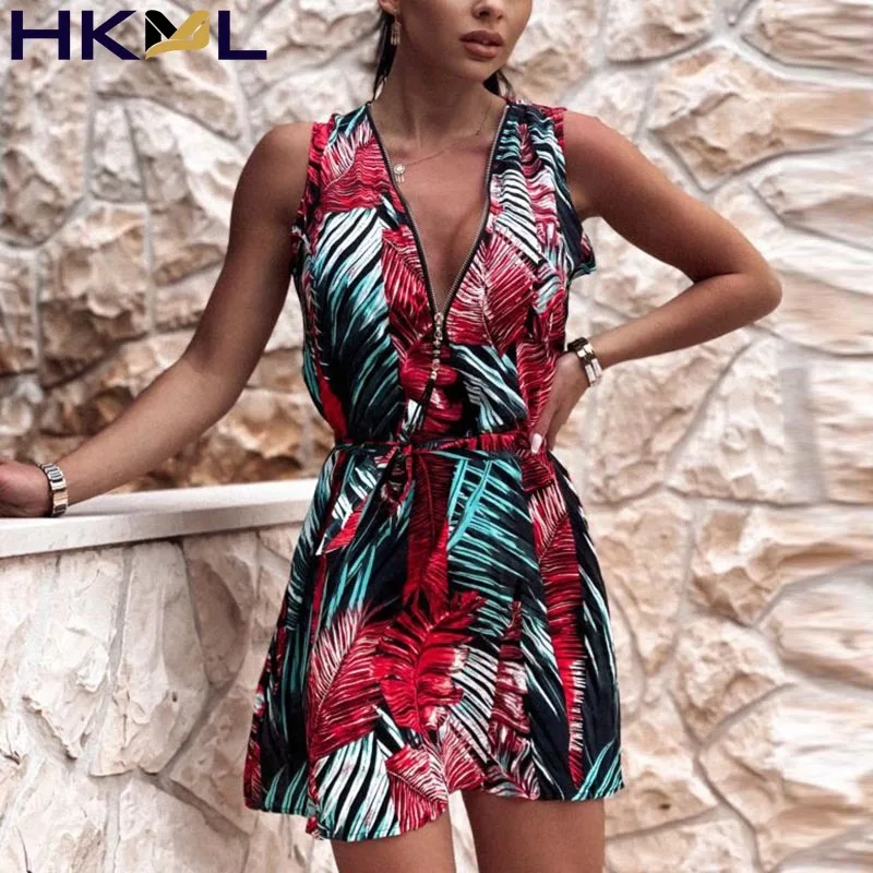 

2021 New Women Dress Holiday Boho Sleeveless A Line Print Zipper V Neck Casual Short Sundress Summer