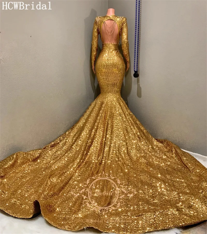 

Golden Long Train Mermaid Sequins Evening Dress With Crystals Beading Backless Long Sleeves African Prom Gowns For Graduation