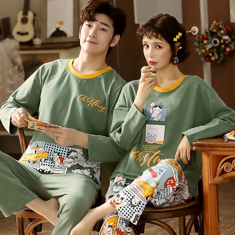 

Couple Pajamas Set Cute Green Cartoon Sleepwear Cotton Nightwear Round Neck Long Sleeves Loose Pyjama Women Autumn Warm Homewear