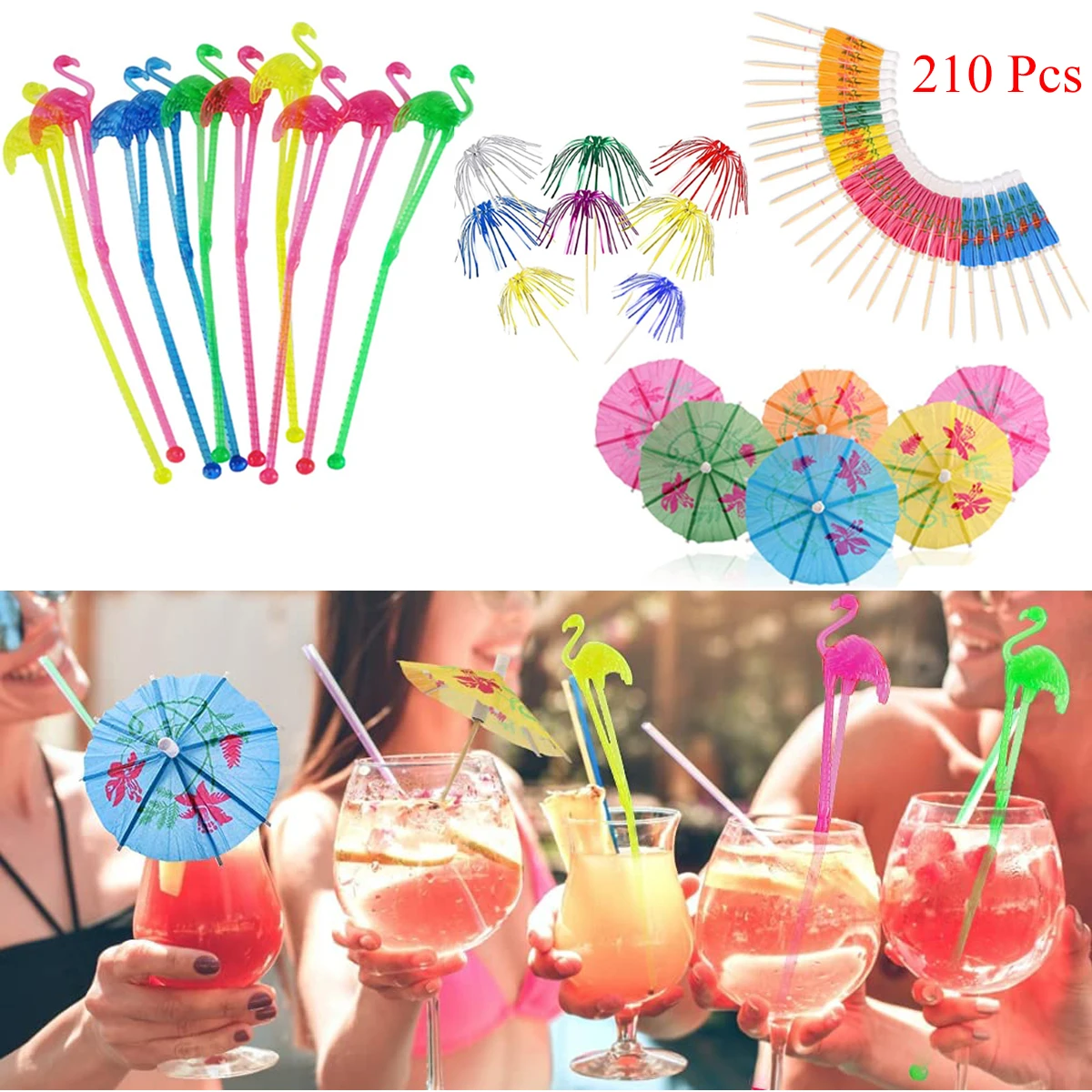 

210 Pcs Cocktail Party Decorations Flamingo Stirrers Drink Umbrellas Sticks Foil Fireworks Picks Hawaiian Tropical Accessories