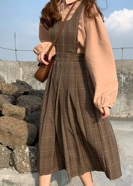 plaid dress only Женское осеннее винтажное клетчатое платье с высокой талией в консервативном стиле, защита для колена, ТРАПЕЦИЕВИДНОЕ плиссированное платье с пышными рукавами, топ, блузка, рубашка - Цвет: plaid dress only
