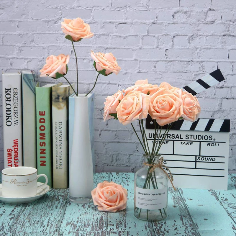 10 голов 7 см искусственные из ПЭ пены розы Букет невесты Роза со стеблем домашний