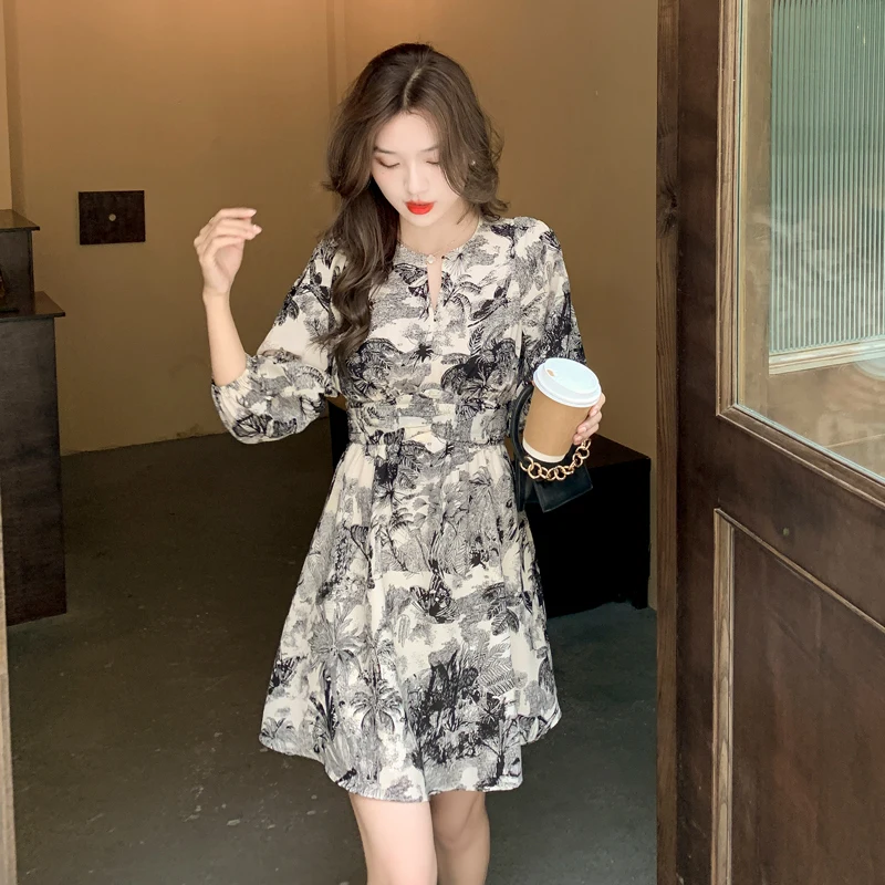 

Hebe&Eos New Autumn Floral Print Dress Korean Fashion Elegant Three Quarter Sleeve Short Casual Dresses O-neck Chic Party Dress