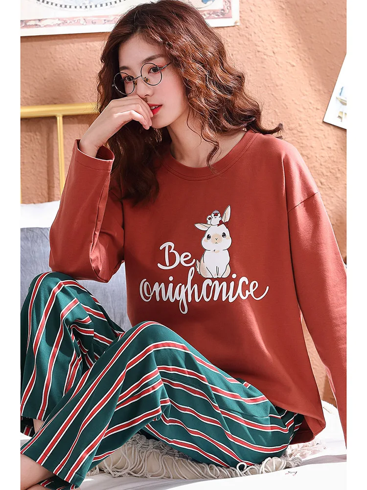 

BZEL Cartoon Printed Pajamas Striped Pyjamas Round Neck Women's Pijamas Sets Casual Homewear Soft Sweet Sleepwear Cute Nightwear