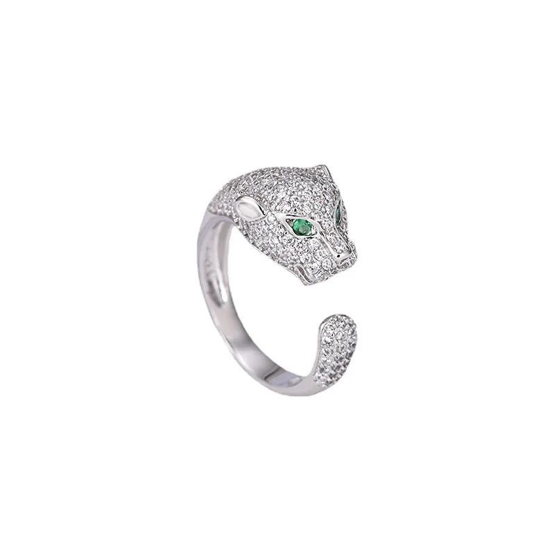 

s925 Silver Trendy Fashion Open Ring Electroplated Platinum Domineering Personality Leopard Head Inlaid Zircon Women's Jewelry
