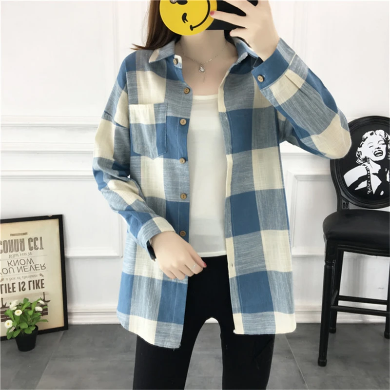 2021 женская блуза с длинным рукавом рубашки в клетку Топы Повседневные модные