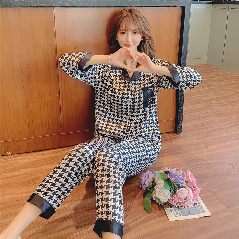 

2021 Spring Pajamas For Women's Sets Casual Pink Silk Pyjamas Long-sleeved Pants Pajamas Women Autumn Night Suit