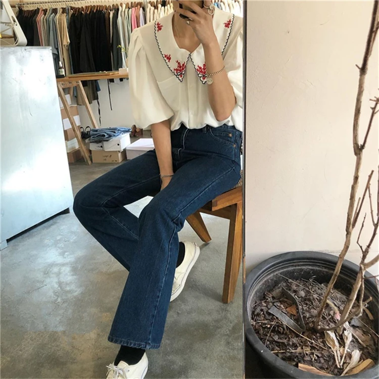 

Korean Chic Summer Retro Sweet Western Style Youthful-Looking Embroidered Lace Doll Collar Loose Puff Sleeves Shirt Top