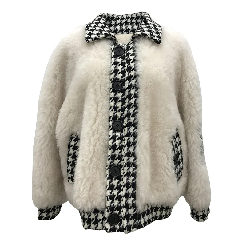 

Women Winter New Fashion Hit Color Spliced Thick Warm Lamb Wool Fur Leather Female High Street Elegant Coats Ladies Coat ML739