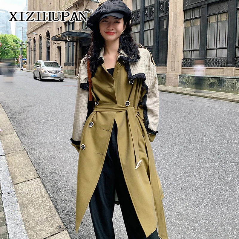 

XIZIHUPAN элегантное модное женское осеннее пальто с цветными блоками, отложным воротником и длинным рукавом, лоскутное прямое Свободное пальт...