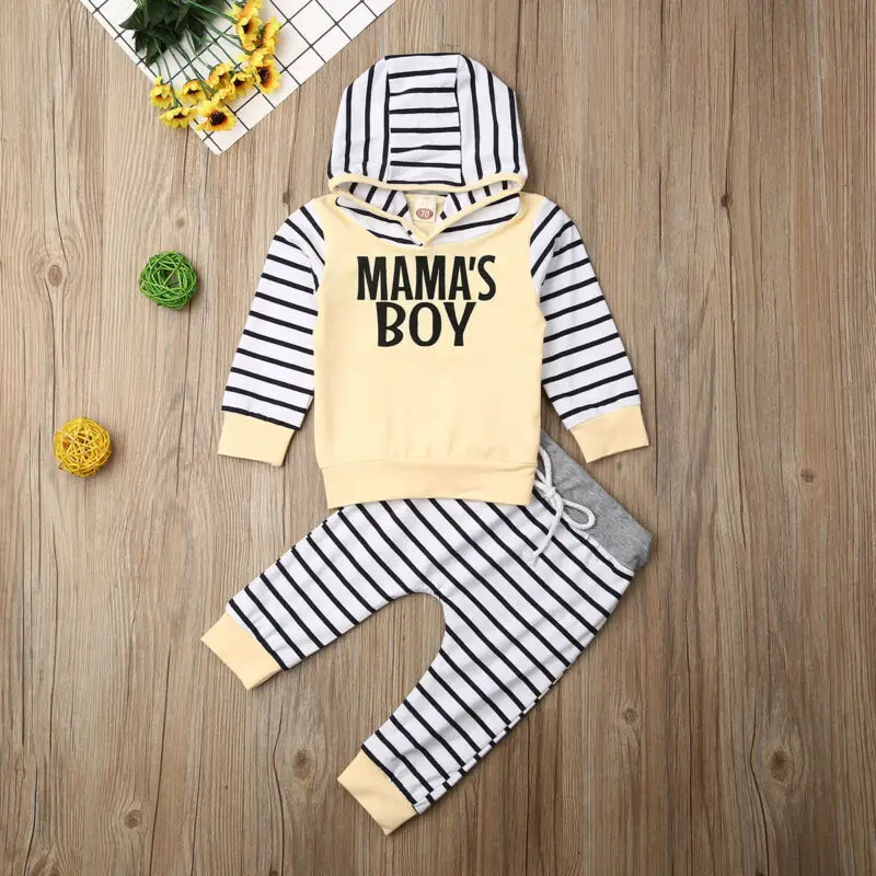 Toddler Kids Baby Boy Tracksuit Pullover Hooded Stripes Top Pants Casual Clothes Outfits Set |