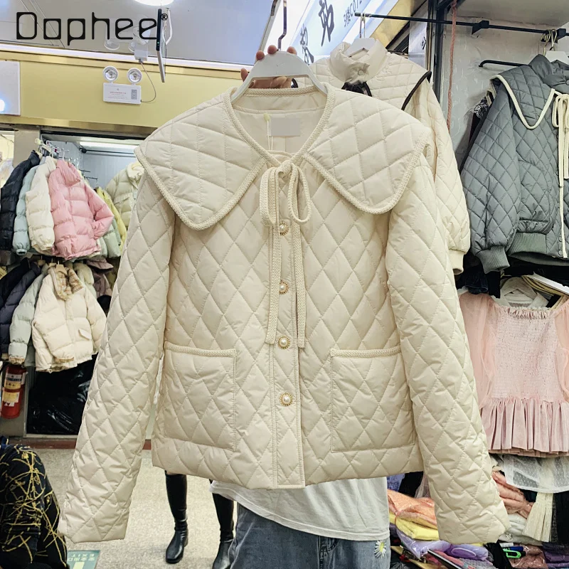 

Korean Fashion Peter Pan Collar Rhombus Cotton Coat Female 2021 Winter Loose Thickening Keep Warm Cotton-Padded Jacket Outerwear