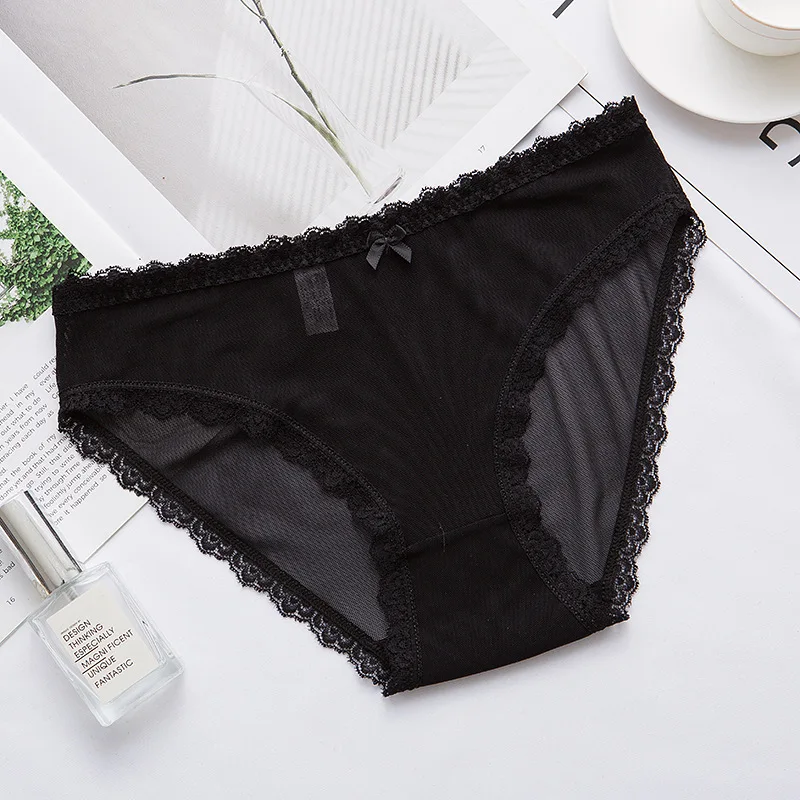 Women Underwear Seamless Briefs Low Waist Lace Ice Silk Bow Breathable Comfortable Tempting Female Lingerie Panties UW44