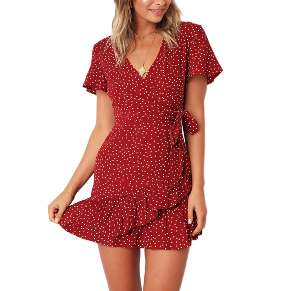 Женский винтажный сарафан в горошек голубое повседневное платье мини с V