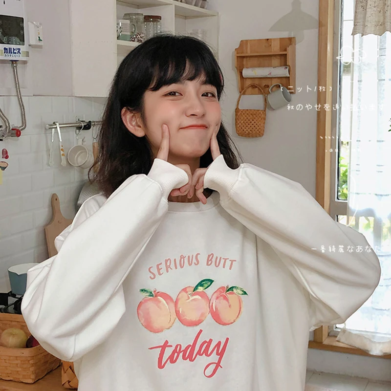 

Harajuku Fashion Thin Oversize Women Hoodies Sweatshirts Long sleeve Kawaii Pullover Soft Cozy Peaches Printing Chic Streetwear
