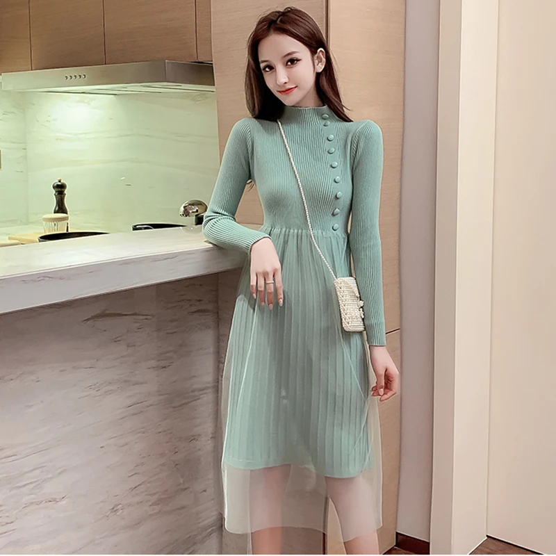 

EHQAXIN 2021 Autumn Winter Women's Knitted Dresses Fairy Button Mesh Stitching A-Shaped Pleated Slim Dress Small Fragrance S-L