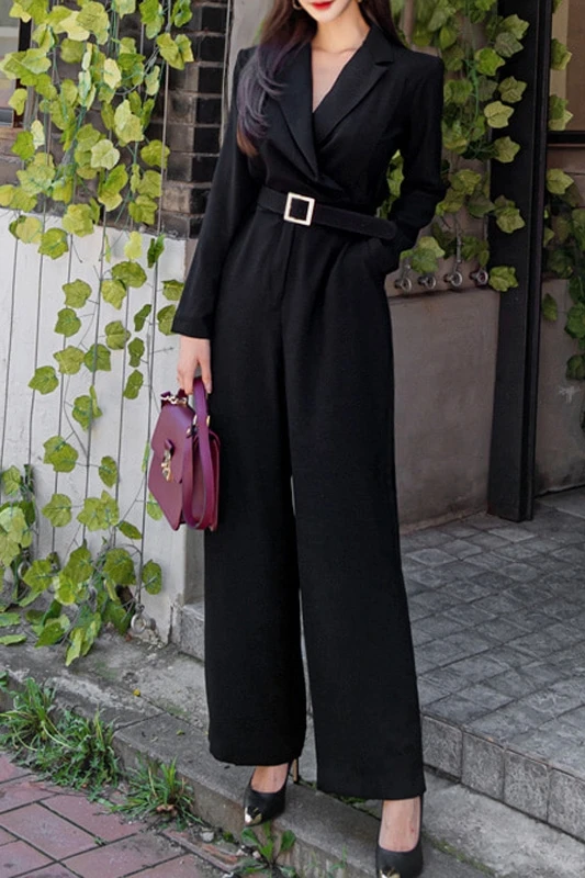 

Office Lady Elegant Wide Leg Jumpsuits Women Autumn Solid Color Rompers Belted Waist Office Wear Playsuits Long Pants Overalls