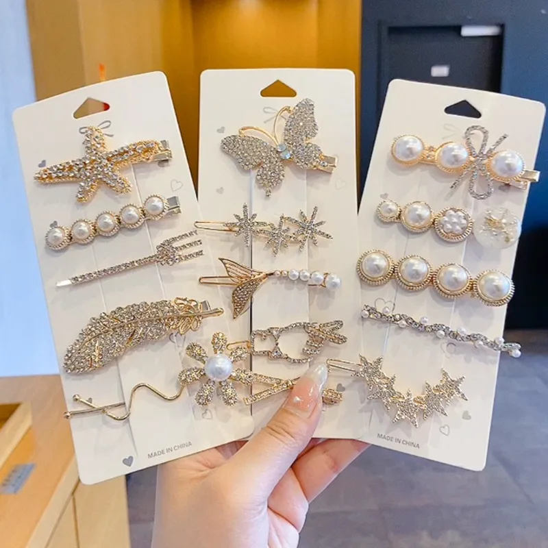 

2021 New Women Elegant Rhinestone Star Pearls Hairpin Set Sweet Barrettes Side Hair Clip Headdress Girl Hair Accessories