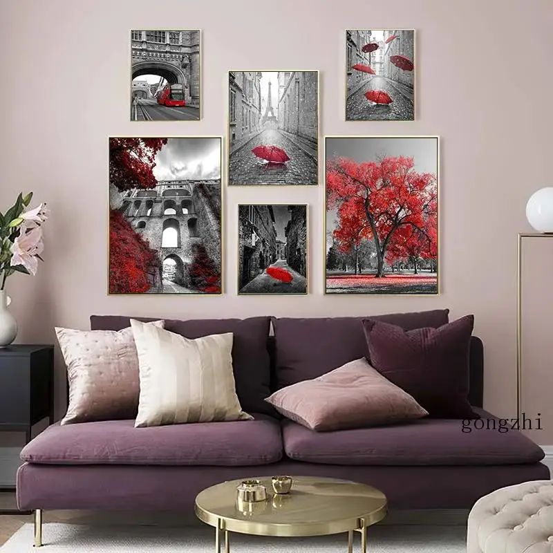 

Europe Retro Red Style Posters Black and White Street Landscape Canvas Painting and Prints Wall Art Pictures Living Room Decor