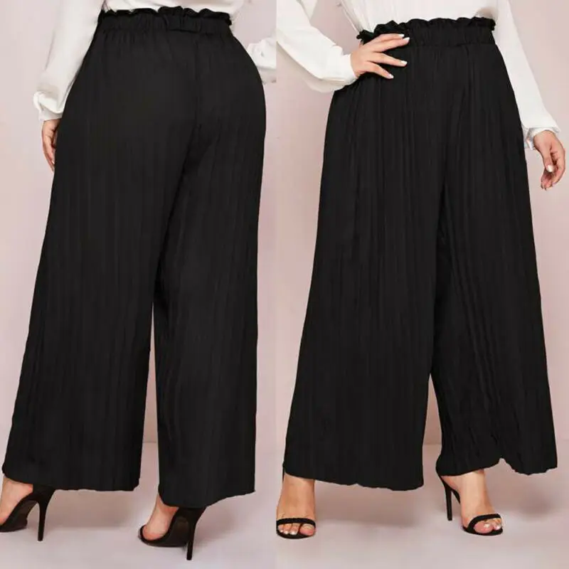 Plus Size Wide Leg Pleated Pants Women Casual Elastic Ruffled Waist 2020 New Fashion Black Loose Long Summer Trousers | Женская одежда
