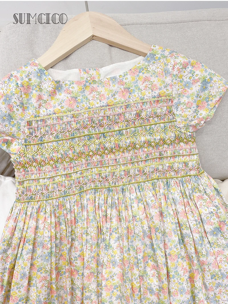 

Sumcico 2021Summer Girls Dress Smocked Floral Cotton Dress