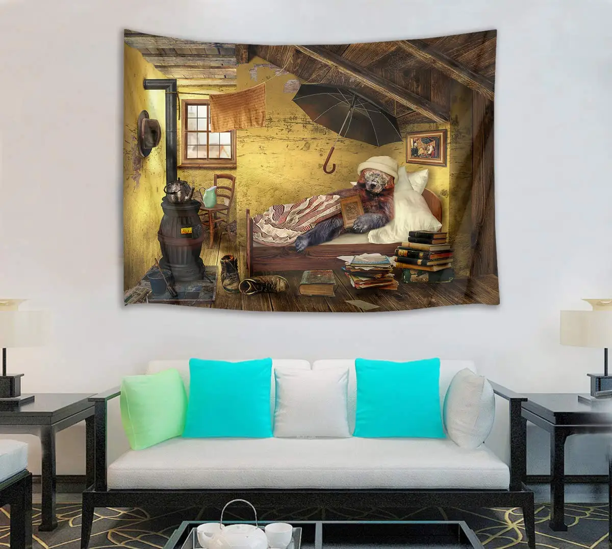 Винтажный гобелен в виде медведя деревянная кабина спутанная спальне старая