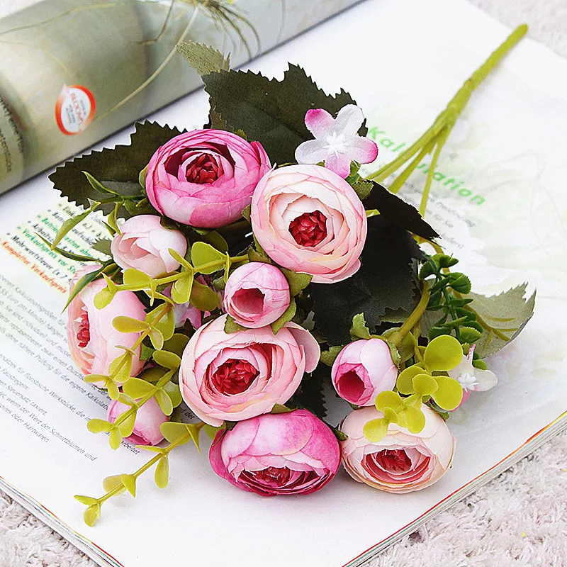rose red Европейская винтажная чайная роза из искусственного шелка, 6 головок, 4 маленьких бутона, букет для свадьбы, дома, ретро, искусственные цветы, вечерние украшения своими руками - Цвет: rose red