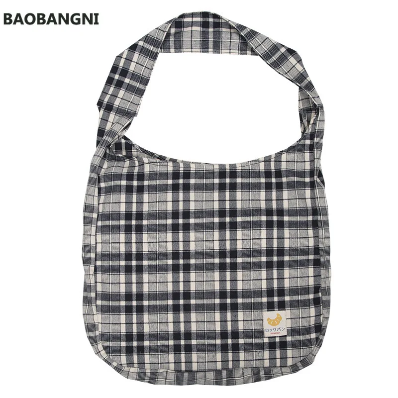 

Black Plaid Women Simple Shoulder Bag Soft Cloth Fabric Handbag Large Capacity Tote Sanded Canvas Bags For Pretty Young Girls