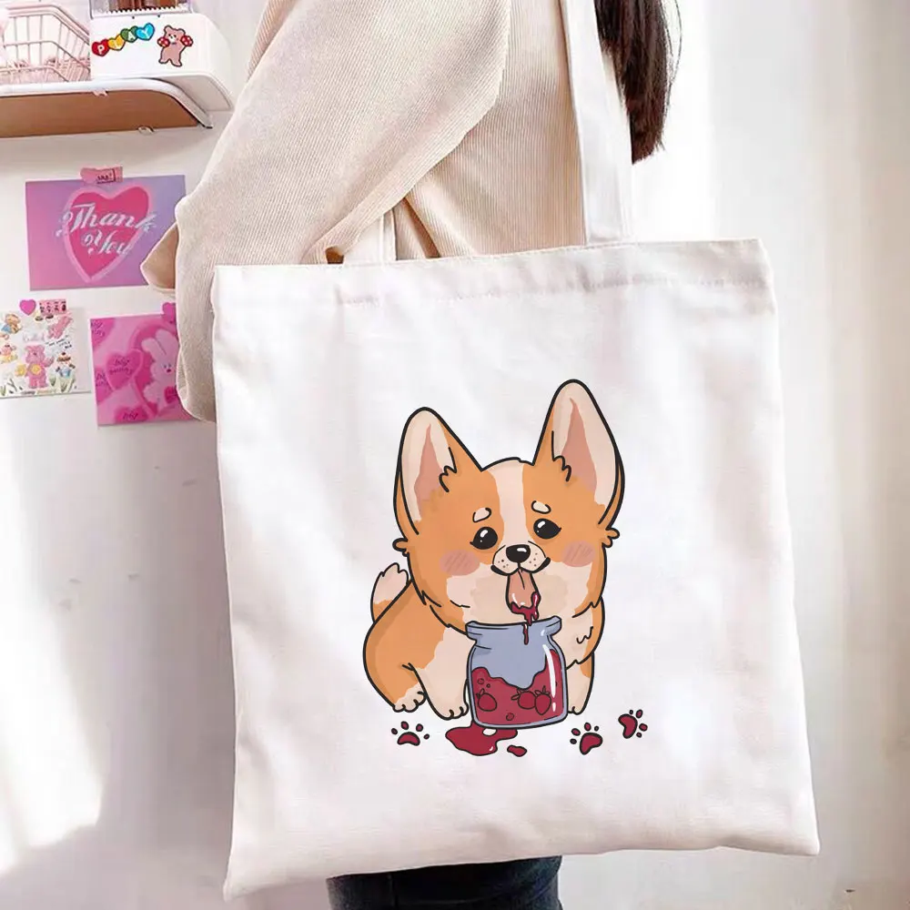 

Cute Corgi Dog Printing Casual Harajuku Female Shoulder Canvas Bag Ins Large Capacity Tote Cartoon Reusable Ladies Shopping Bags