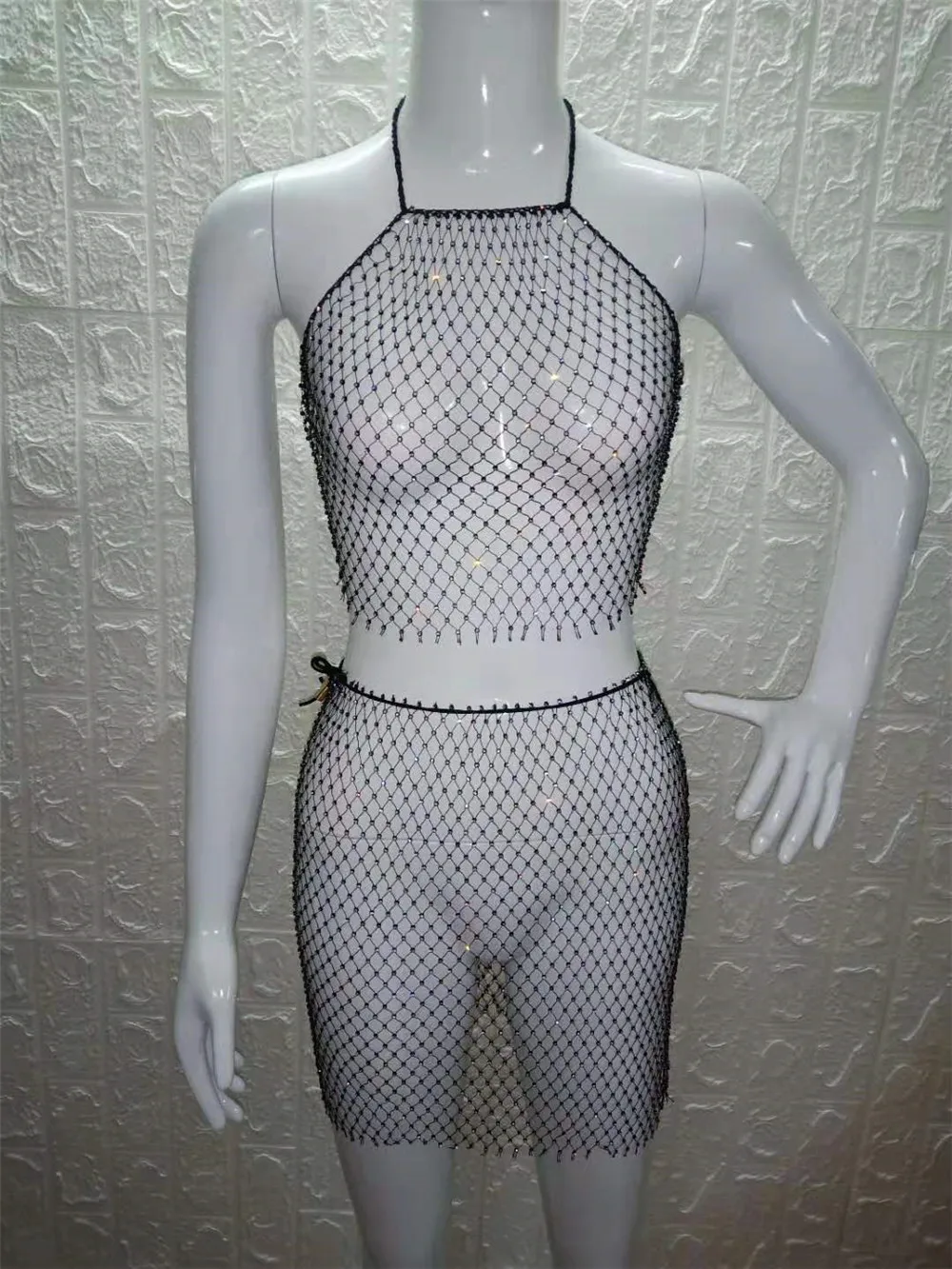 PARAKINI Sparkly Crystal Diamonds Bikini Beach Women Dress Beach Cover Up Dresses Fishnet Cropped Top Two Pieces Set Beach Dress