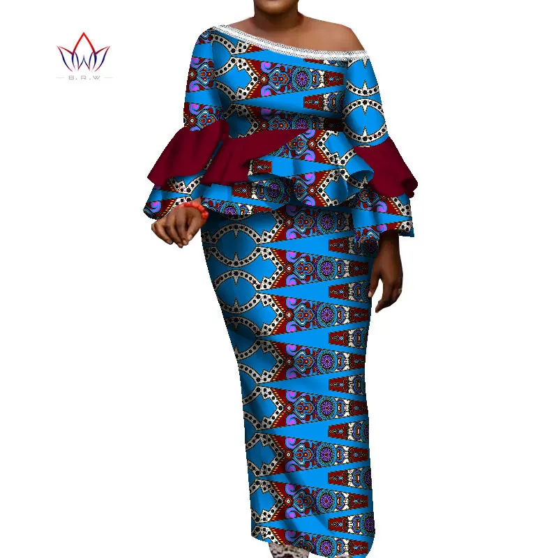 Traditional Clothing For Women Ruffles Top And Skirt Ankle-length Vintage Set Print 2 Pcs Plus Size African Style Suit WY8149