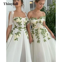 thinyfull 3 pcs short a line boho wedding dresses 2021 lace leaves sleeveless appliques princess beach a line bride dress robes