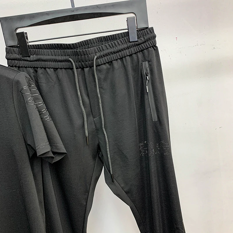 

European men's fashion sports suit men's mercerized cotton T-shirt short sleeve Sequin summer casual pants two pieces