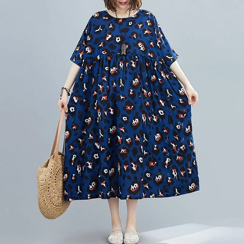 

Women Cotton Casual Dresses New 2021 Summer Simple Style Vintage Print Loose Comfortable Female Long Dress S2896