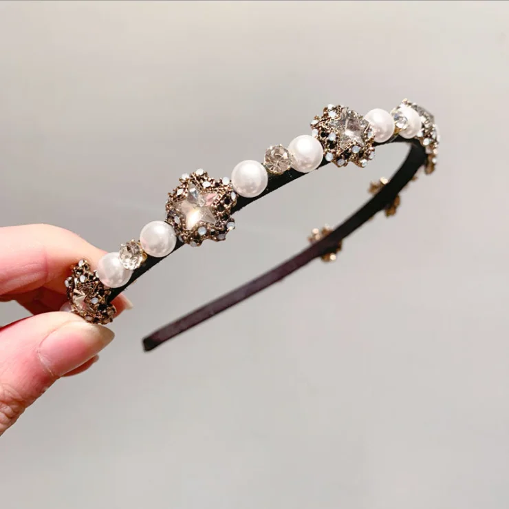 

Women Retro five-pointed star pearl glass diamond fashion female hair pressure temperament all-match out black pearl headbands