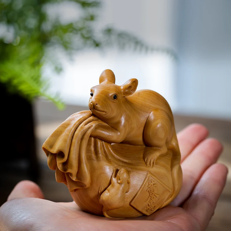 Boxwood 7cm Mouse Sculpture Wood Carving Animal Rat Lucky Home Chinese Zodiac Home Decor