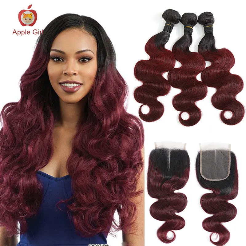 T1B/99J Colored Bundles With Closure Brazilian Body Wave  3 or 4 Bundles With Closure  Applegirl Remy Human Hair Ombre Burgundy