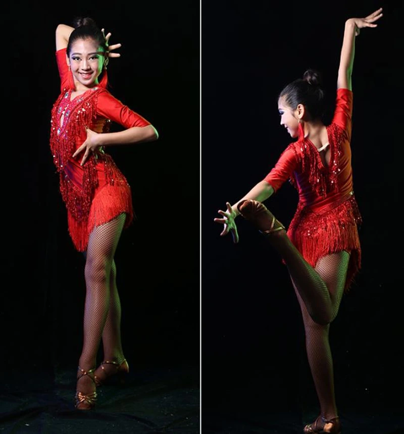 Children Tassel Latin Dance Dress Girl Ballroom Competition Dresses Kid Sequin Fringe Salsa Wear Tango dance clothes | Тематическая