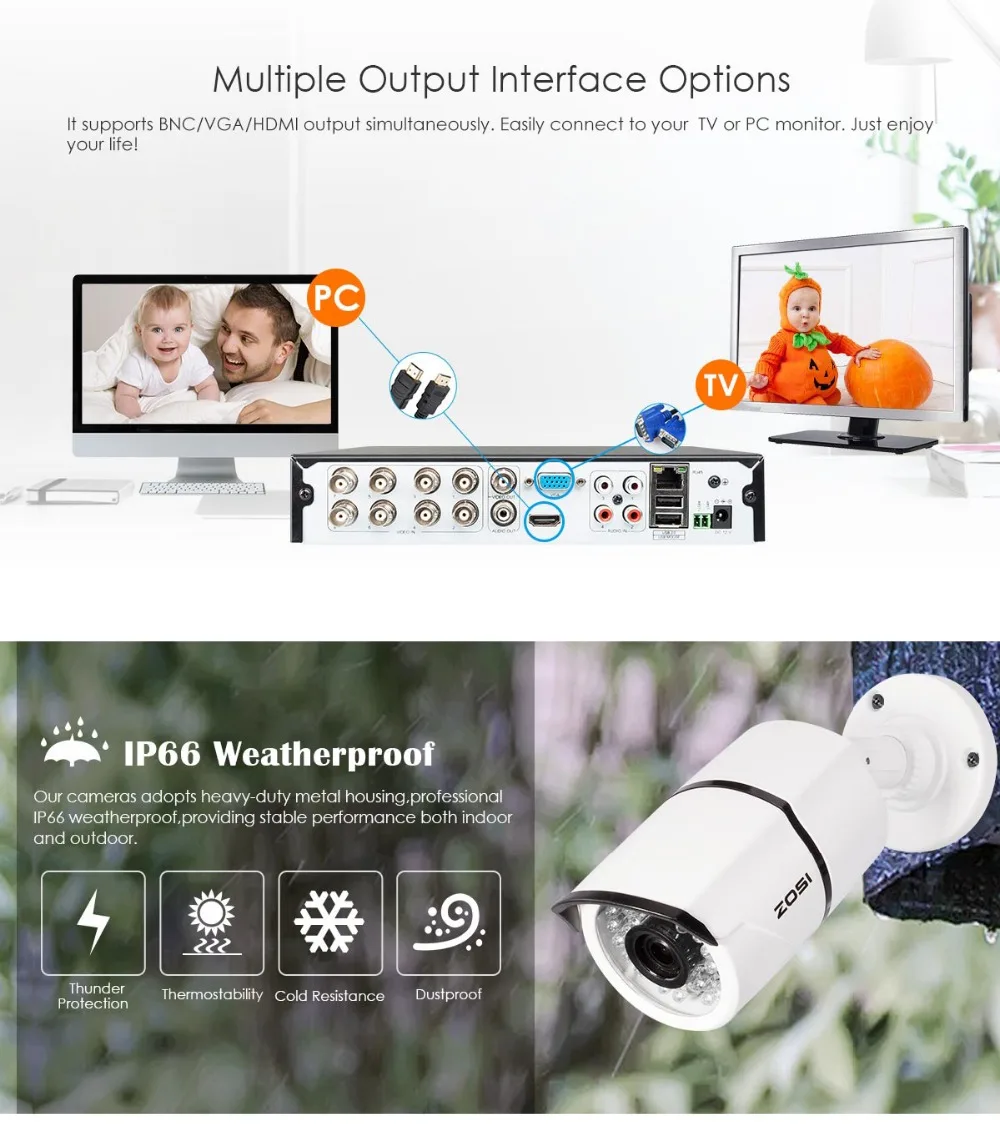 ZOSI 8-канальный сетевой видеорегистратор 1080P 4 в 1 TVI CVBS AHD CVI DVR 2MP Водонепроницаемый открытый безопасности видео Камера DVR комплект видеонаблюдения Системы