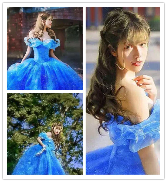 

New Blue Fancy Dress Movie Scarlett Sandy Princess Cinderella Dress Off Shoulder Cosplay Costume Adult Girls Dresses