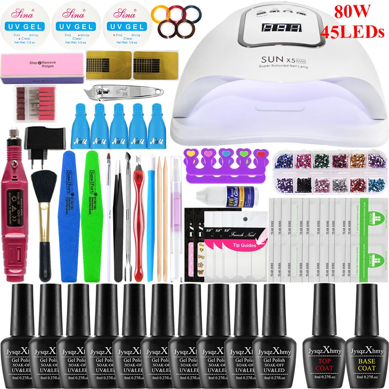 80w lamp 10 color Набор для ногтей, ультрафиолетовая лампа для маникюра, набор для ногтей, 10/16 шт, Набор лаков для ногтей с инструментами для дизайна ногтей, набор с 20000 ОБ/мин, машинка для сверления ногтей - Цвет: 80w lamp 10 color